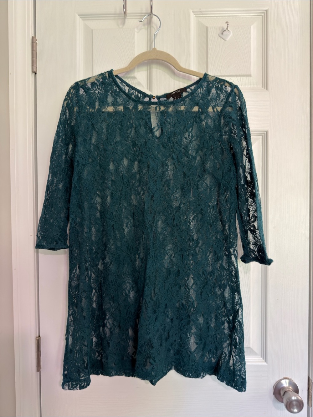 Forever 21 Women's Teal Lace Knee Length A-Line Dress 3/4 Sleeve Size L